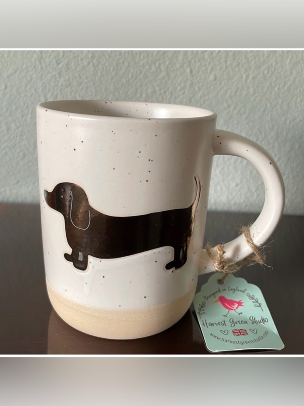 Adorable dachshund themed stoneware mug.